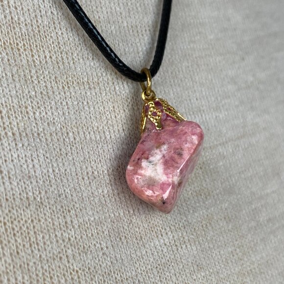 Pink Stone Pendant on Black Leather Cord Necklace - Picture 3 of 5